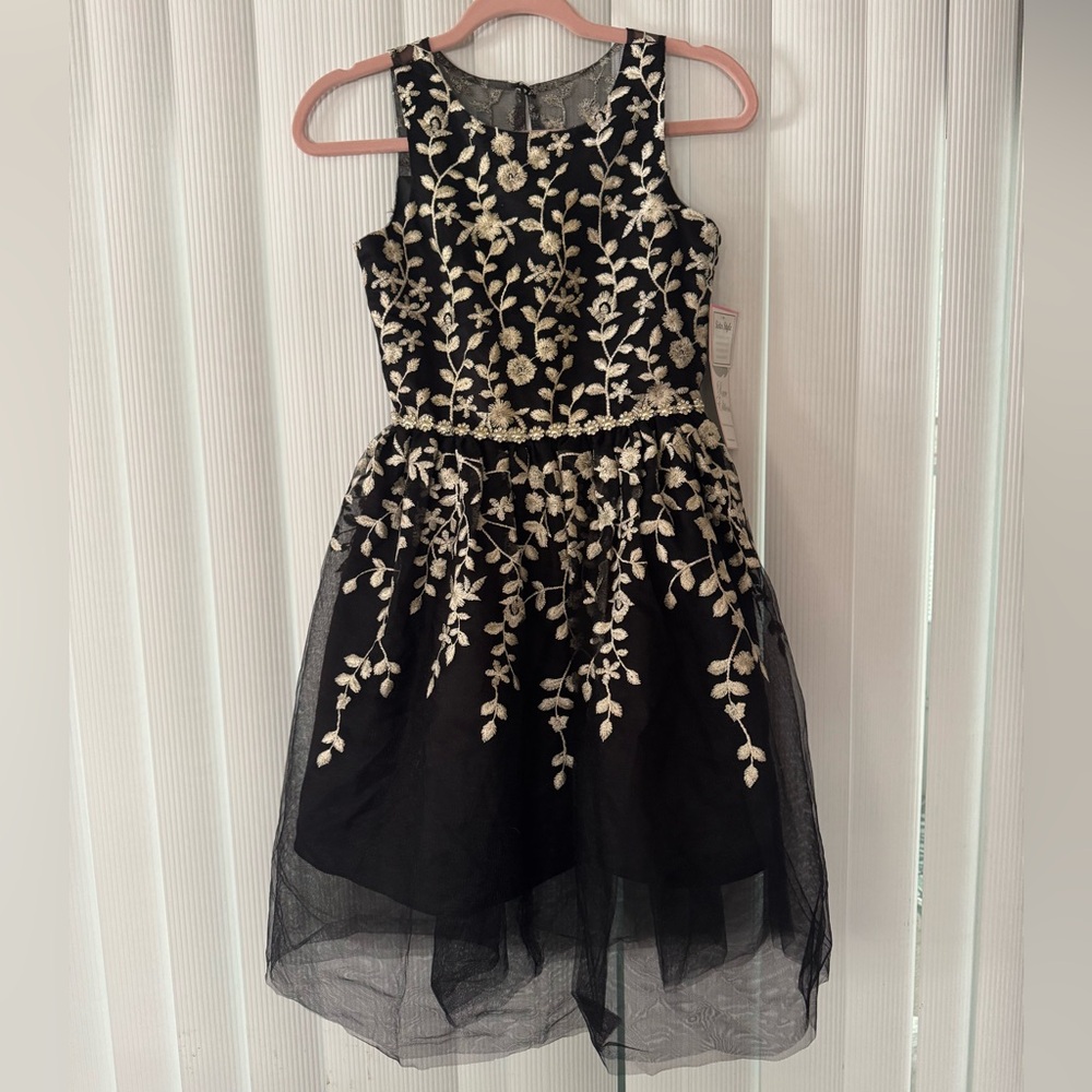 Rare Editions Girls Black Dress with Silver Embroidery